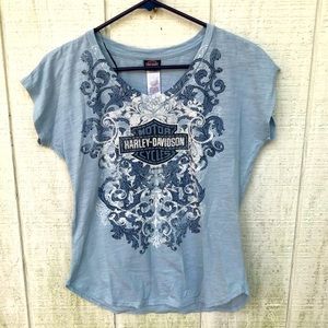 Baby blue bling short sleeve Harley Davidson top